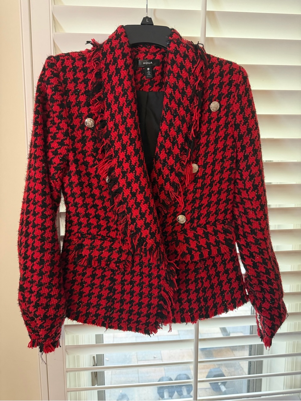 Aqua Red and Black Houndstooth Fringe Double-Breasted Blazer